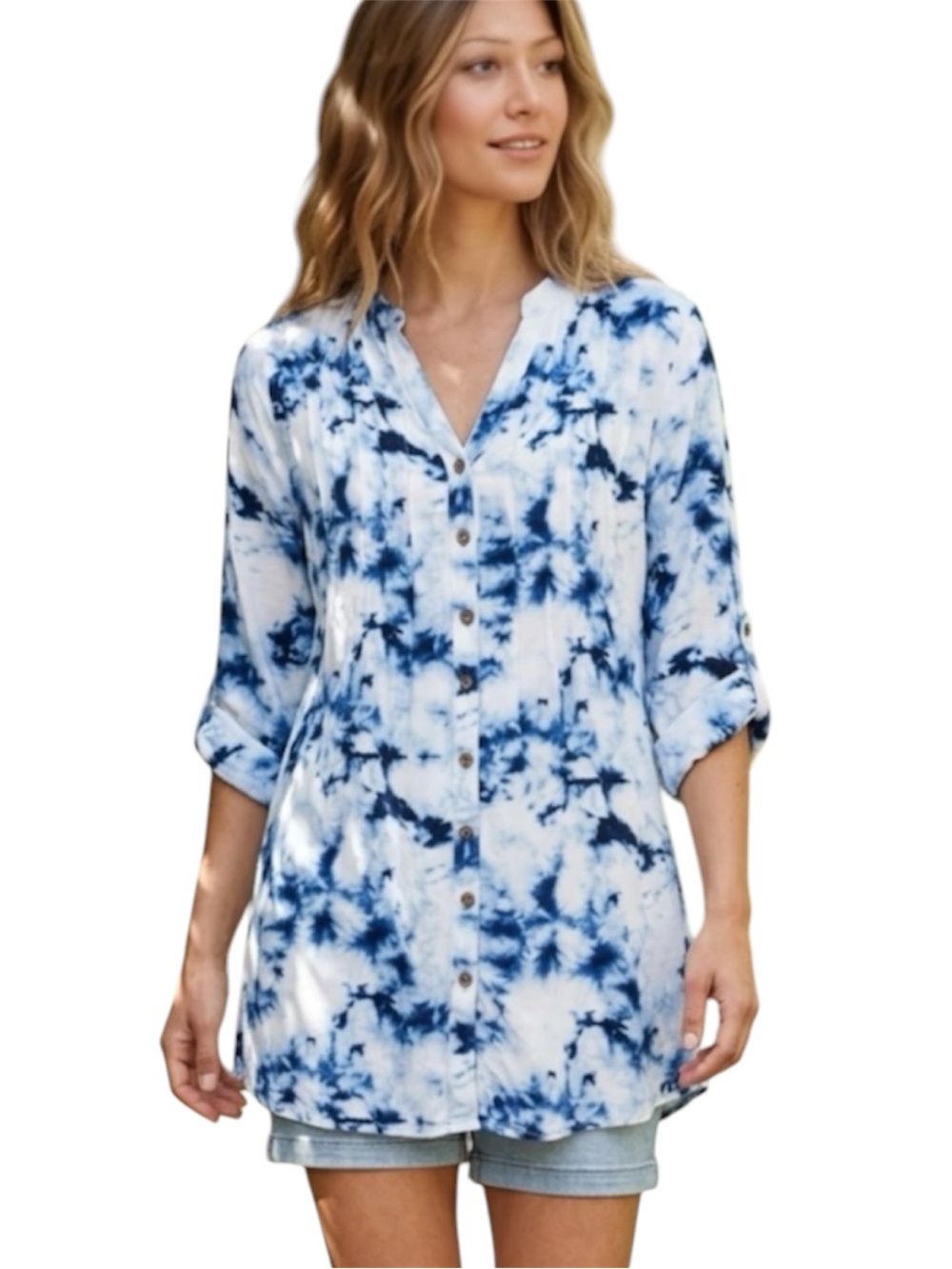 Boho Chic Tie Dye Button Down 3/4 Sleeve V Neck Tunic Blouse Size Small